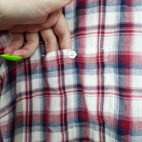 Horny Toad Flannel Tunic Top Sz S Red Cream Plaid Gathered Back Shirt Pockets LS - Picture 6 of 14